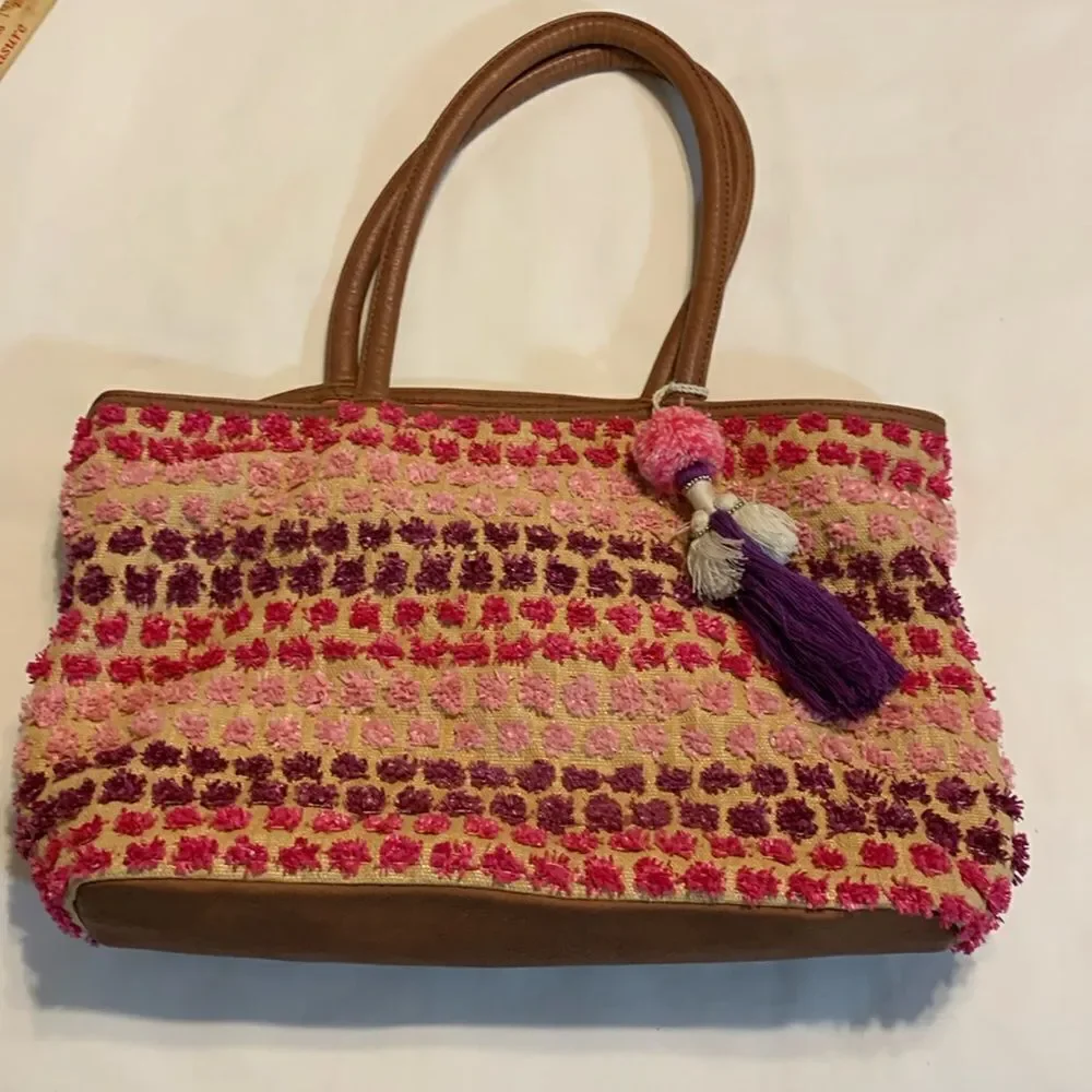 Steven by Steve Madden multicolor large tote canvas like material/straw pompoms